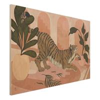 Bilderwelten Holzbild Tiere - Querformat 3:2 Illustration Tiger in Pastell Rosa Malerei