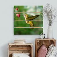 Bilderwelten Holzbild Plankenoptik Tiere - Quadrat Kolibri und BlÃ¼te