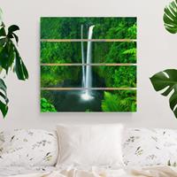 Bilderwelten Holzbild Plankenoptik Blumen - Quadrat Paradiesischer Wasserfall