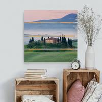 Bilderwelten Holzbild Plankenoptik Architektur & Skyline - Quadrat Sonnenaufgang in der Toskana