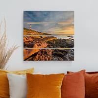 Bilderwelten Holzbild Plankenoptik Natur & Landschaft - Quadrat Tarbat Ness Leuchtturm und Sonnenuntergang am Meer