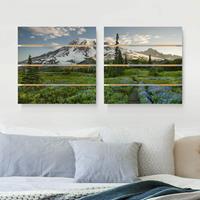 Bilderwelten 2-teiliges Holzbild Plankenoptik Natur & Landschaft - Quadrat Bergblick Wiesenpfad