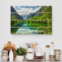 Bilderwelten Holzbild Plankenoptik Natur & Landschaft - Querformat Bergsee mit Spiegelung