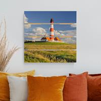 Bilderwelten Holzbild Plankenoptik Natur & Landschaft - Quadrat Leuchtturm in Schleswig-Holstein