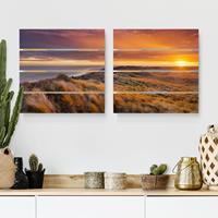 Bilderwelten 2-teiliges Holzbild Plankenoptik Natur & Landschaft - Quadrat Sonnenaufgang am Strand auf Sylt