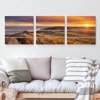 Bilderwelten 3-teiliges Holzbild Plankenoptik Natur & Landschaft - Quadrat Sonnenaufgang am Strand auf Sylt