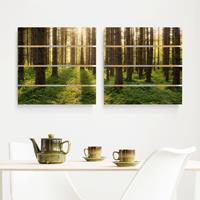 Bilderwelten 2-teiliges Holzbild Plankenoptik Natur & Landschaft - Quadrat Sonnenstrahlen in grÃ¼nem Wald