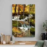 Bilderwelten Holzbild Plankenoptik Natur & Landschaft - Hochformat Wasserfall herbstlicher Wald