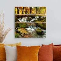Bilderwelten Holzbild Plankenoptik Natur & Landschaft - Quadrat Wasserfall herbstlicher Wald