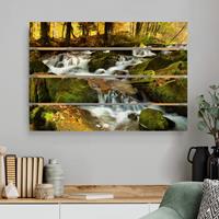 Bilderwelten Holzbild Plankenoptik Natur & Landschaft - Querformat Wasserfall herbstlicher Wald