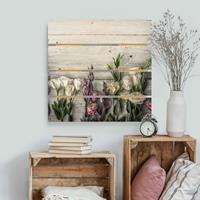 Bilderwelten Holzbild Plankenoptik Blumen - Quadrat Tulpen-Rose Shabby Holzoptik