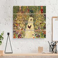 Bilderwelten Holzbild Plankenoptik Kunstdruck - Quadrat Gustav Klimt - Gartenweg mit HÃ¼hnern