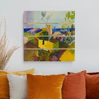 Bilderwelten Holzbild Plankenoptik Kunstdruck - Quadrat August Macke - Landschaft am Meer