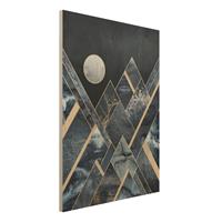 Bilderwelten Holzbild Abstrakt - Hochformat 3:4 Goldener Mond abstrakte schwarze Berge