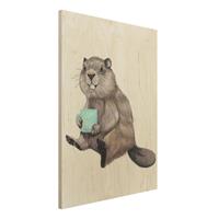 Bilderwelten Holzbild Tiere - Hochformat 3:4 Illustration Biber mit Kaffeetasse