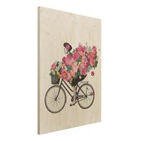 Bilderwelten Holzbild Blumen - Hochformat 3:4 Illustration Frau auf Fahrrad Collage bunte Blumen