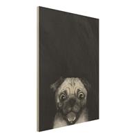 Bilderwelten Holzbild Tiere - Hochformat 3:4 Illustration Hund Mops Malerei auf Schwarz WeiÃŸ