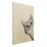 Bilderwelten Holzbild Tiere - Hochformat 3:4 Illustration Katze Zeichnung Schwarz WeiÃŸ