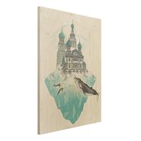 Bilderwelten Holzbild Tiere - Hochformat 3:4 Illustration Kirche mit Kuppeln und Wal