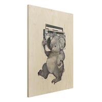 Bilderwelten Holzbild Tiere - Hochformat 3:4 Illustration Koala mit Radio Malerei