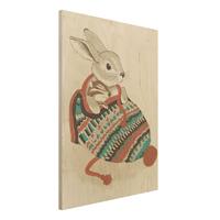 Bilderwelten Holzbild Tiere - Hochformat 3:4 Illustration Kuschelnder Hase in MÃ¼tze