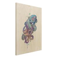 Bilderwelten Holzbild Tiere - Hochformat 3:4 Illustration Oktopus Violett TÃ¼rkis Malerei