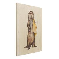Bilderwelten Holzbild Tiere - Hochformat 3:4 Illustration Otter mit Handtuch Malerei WeiÃŸ