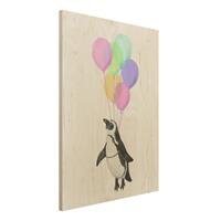 Bilderwelten Holzbild Tiere - Hochformat 3:4 Illustration Pinguin Pastell Luftballons