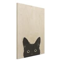 Bilderwelten Holzbild Tiere - Hochformat 3:4 Illustration Schwarze Katze auf WeiÃŸ Malerei