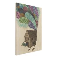 Bilderwelten Holzbild Tiere - Hochformat 3:4 Illustration Vogel Haus mit Federn