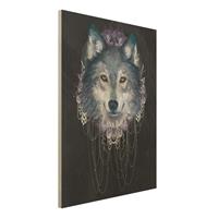 Bilderwelten Holzbild Tiere - Hochformat 3:4 Illustration Wolf mit Boho TraumfÃnger Schwarz