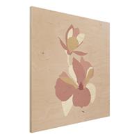 Bilderwelten Holzbild Blumen - Quadrat Line Art BlÃ¼ten Pastell Rosa