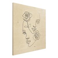 Bilderwelten Holzbild Portrait - Quadrat Line Art Gesichter Frauen Rosen Schwarz WeiÃŸ