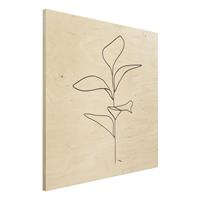 Bilderwelten Holzbild Blumen - Quadrat Line Art Pflanze BlÃtter Schwarz WeiÃŸ