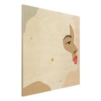 Bilderwelten Holzbild Portrait - Quadrat Line Art Portrait Frau Pastell Rosa