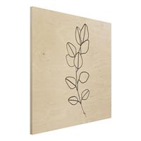 Bilderwelten Holzbild Blumen - Quadrat Line Art Zweig BlÃtter Schwarz WeiÃŸ
