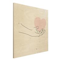 Bilderwelten Holzbild Portrait - Quadrat Hand mit Herz Line Art