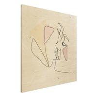 Bilderwelten Holzbild Akt & Erotik - Quadrat Kuss Gesichter Line Art