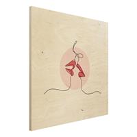 Bilderwelten Holzbild Akt & Erotik - Quadrat Lippen Kuss Line Art