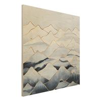 Bilderwelten Holzbild Abstrakt - Quadrat Aquarell Berge WeiÃŸ Gold