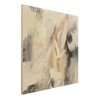 Bilderwelten Holzbild Abstrakt - Quadrat Goldene abstrakte Wintermalerei