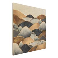 Bilderwelten Holzbild Abstrakt - Quadrat Goldene Berge Aquarell