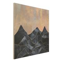 Bilderwelten Holzbild Abstrakt - Quadrat Goldene DÃmmerung Ã¼ber Gebirge