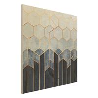 Bilderwelten Holzbild Abstrakt - Quadrat Goldene Sechsecke Blau WeiÃŸ
