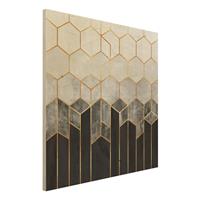 Bilderwelten Holzbild Abstrakt - Quadrat Goldene Sechsecke Schwarz WeiÃŸ