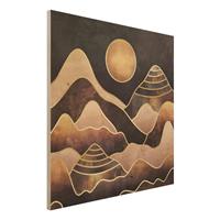 Bilderwelten Holzbild Abstrakt - Quadrat Goldene Sonne abstrakte Berge