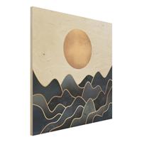Bilderwelten Holzbild Abstrakt - Quadrat Goldene Sonne blaue Wellen