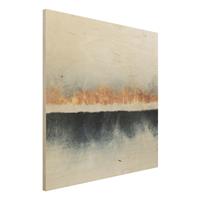 Bilderwelten Holzbild Abstrakt - Quadrat Goldener Horizont Aquarell