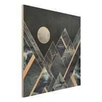 Bilderwelten Holzbild Abstrakt - Quadrat Goldener Mond abstrakte schwarze Berge