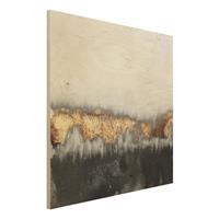 Bilderwelten Holzbild Abstrakt - Quadrat Goldspuren in Aquarell